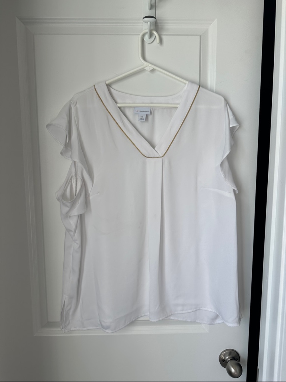 Liz Claiborne White V-Neck Blouse with Gold Piping